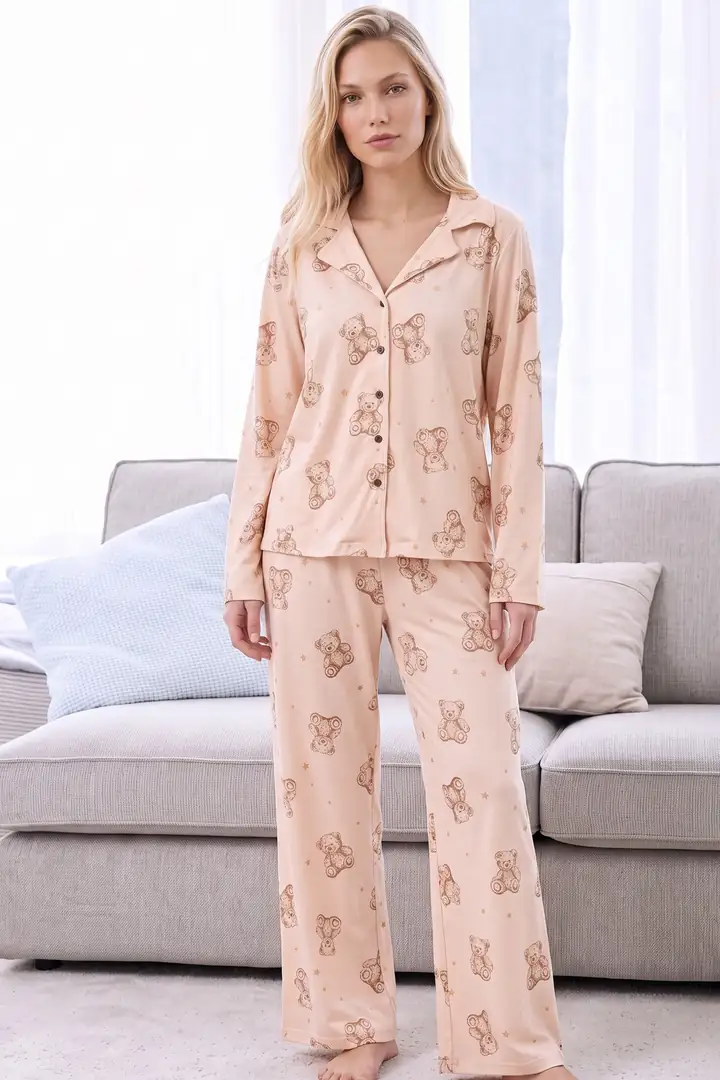 Desenli Termal Kumaşlı Ultra Soft Yumuşak Düğmeli Örme Pijama Takımı 26226813