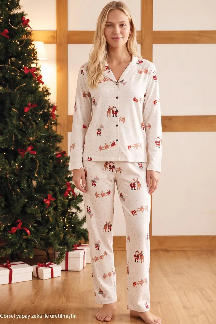 Ekru Yılbaşı Temalı Desenli Termal Kumaşlı Ultra Soft Yumuşak Düğmeli Örme Pijama Takımı 26226825