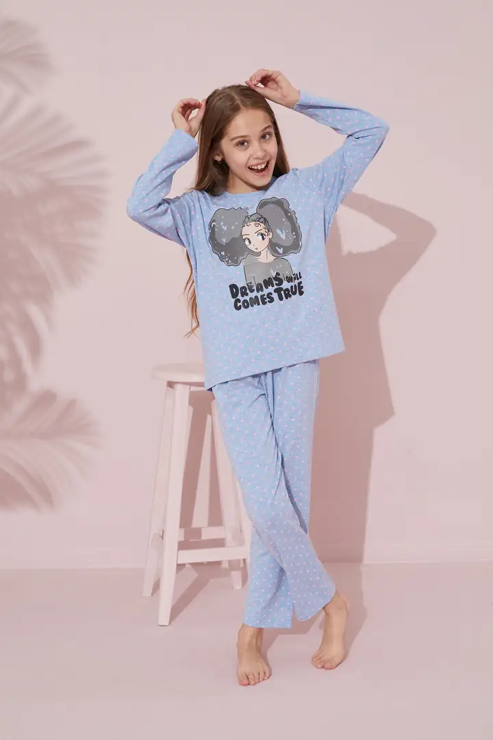 Mavi Baskılı Pamuklu Örme Pijama Takım 24241084
