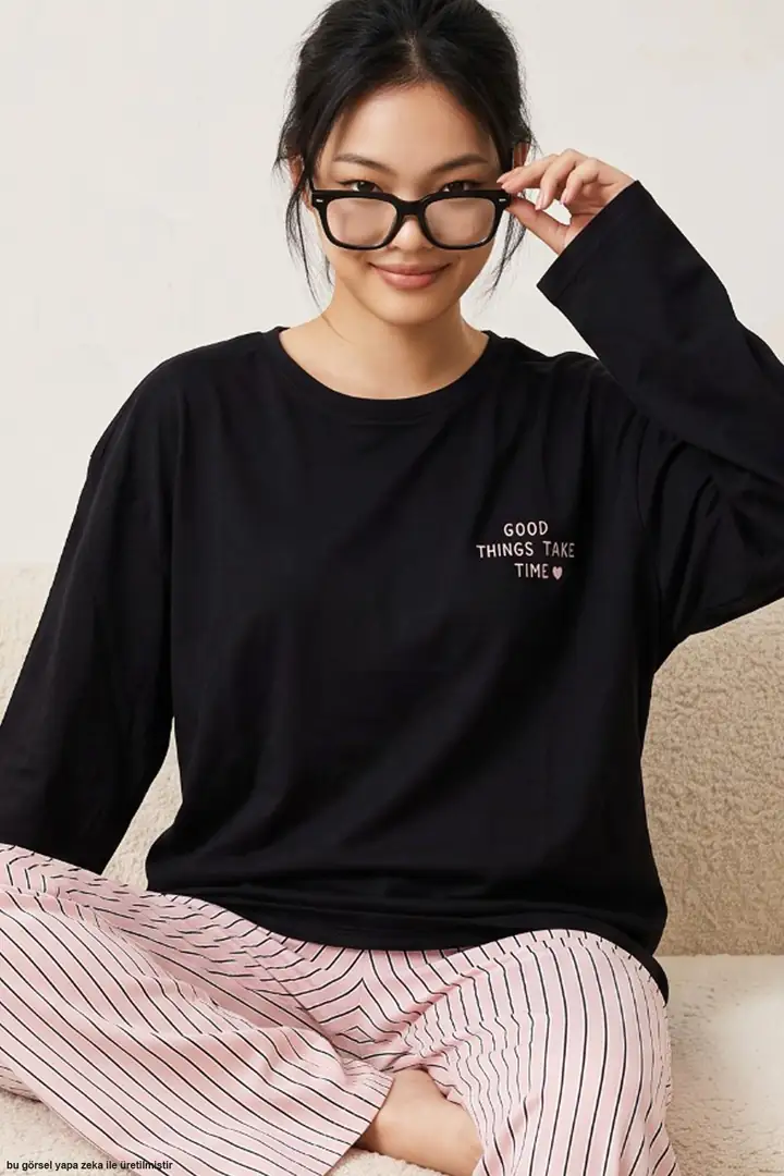 Desenli Pamuklu Örme Pijama Takım 8094 - pembe çizgi