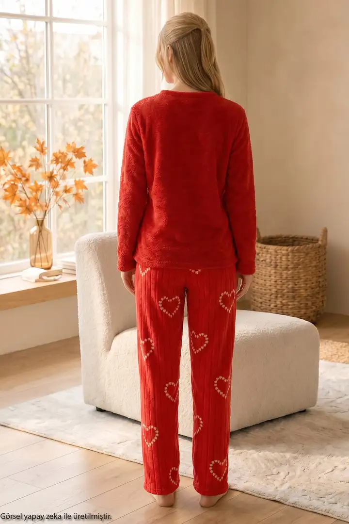 Kırmızı Nakışlı Üst Wellsoft Alt Polar Kışlık Örme Pijama Takım 26221706