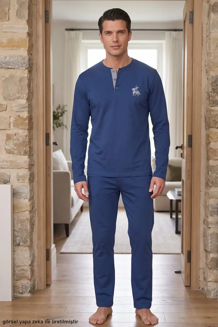 Nakışlı Cepli Düğmeli Pamuklu Likralı Örme Pijama Takım 26241804-2 - MAVİ