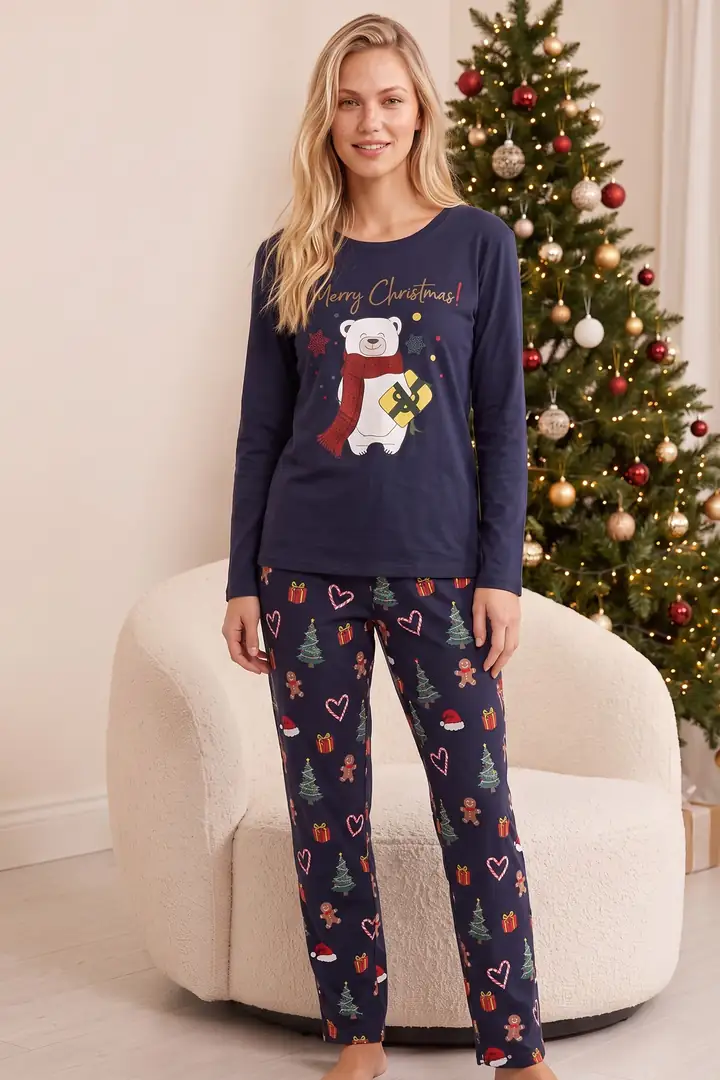Yılbaşı Temalı Pamuklu Likralı Örme Pijama Takım 26241177
