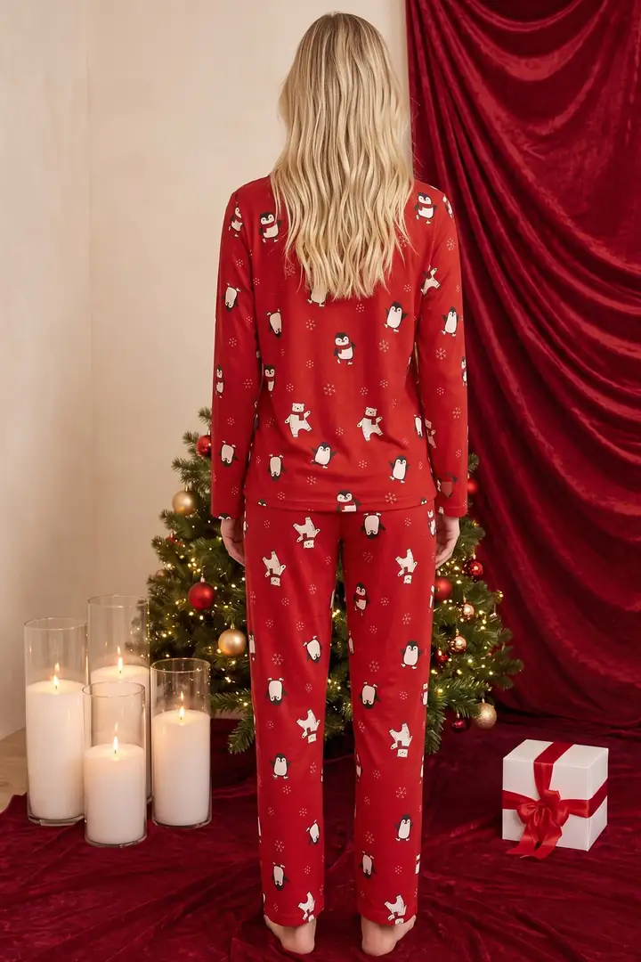 Yılbaşı Temalı Desenli Termal Kumaşlı Ultra Soft Yumuşak Düğmeli Örme Pijama Takımı 26226820