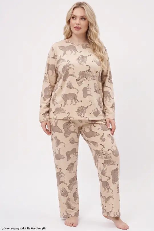 Baskılı Büyük Beden Battal Boy Örme Pijama Takım 8089 - ten leopar