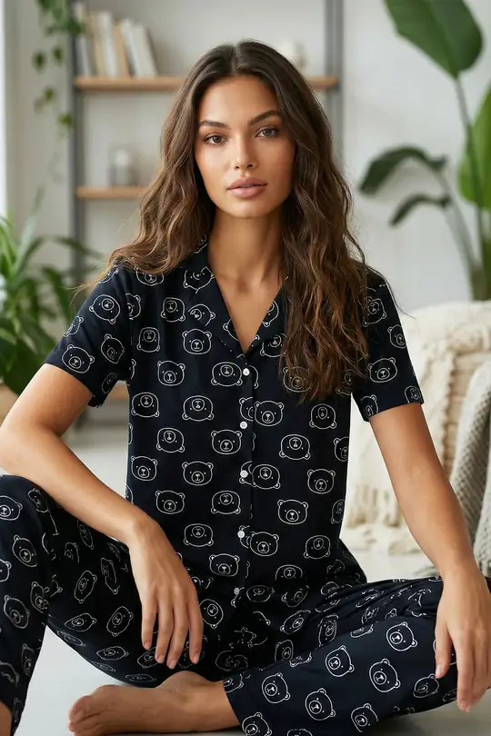Kısa Kollu Pamuklu Düğmeli Pijama Takımı 7610 - siyah a desen