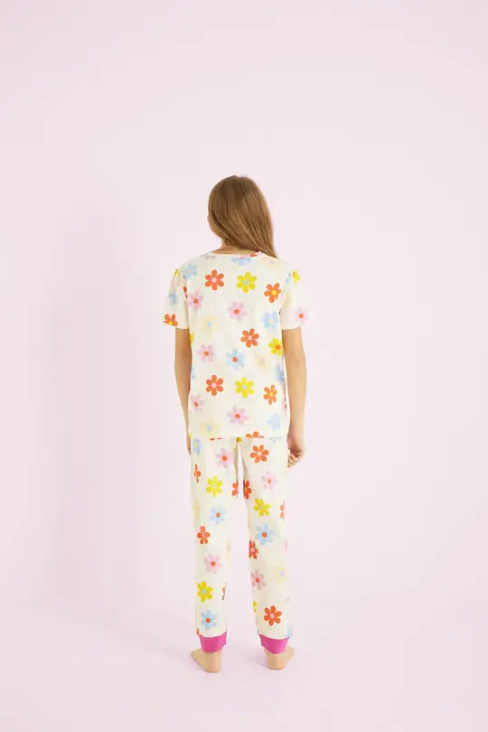 Kız Çocuk %100 Pamuk Çiçek Baskılı Bisiklet Yaka Pijama Takım 25110054 - Ekru