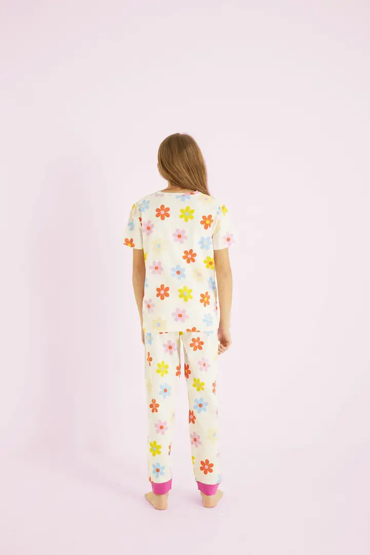 Kız Çocuk %100 Pamuk Çiçek Baskılı Bisiklet Yaka Pijama Takım 25110054