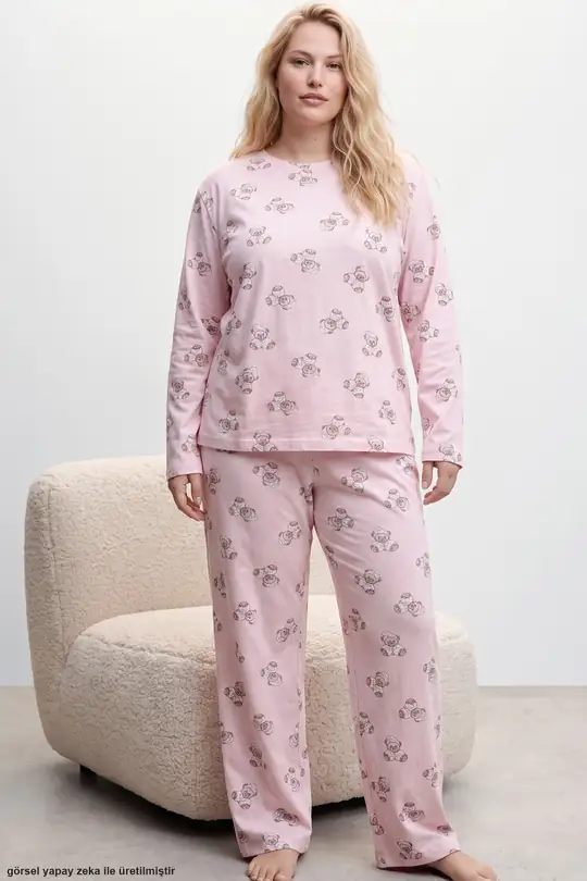 Baskılı Büyük Beden Battal Boy Örme Pijama Takım 8089 - pembe ayıcık