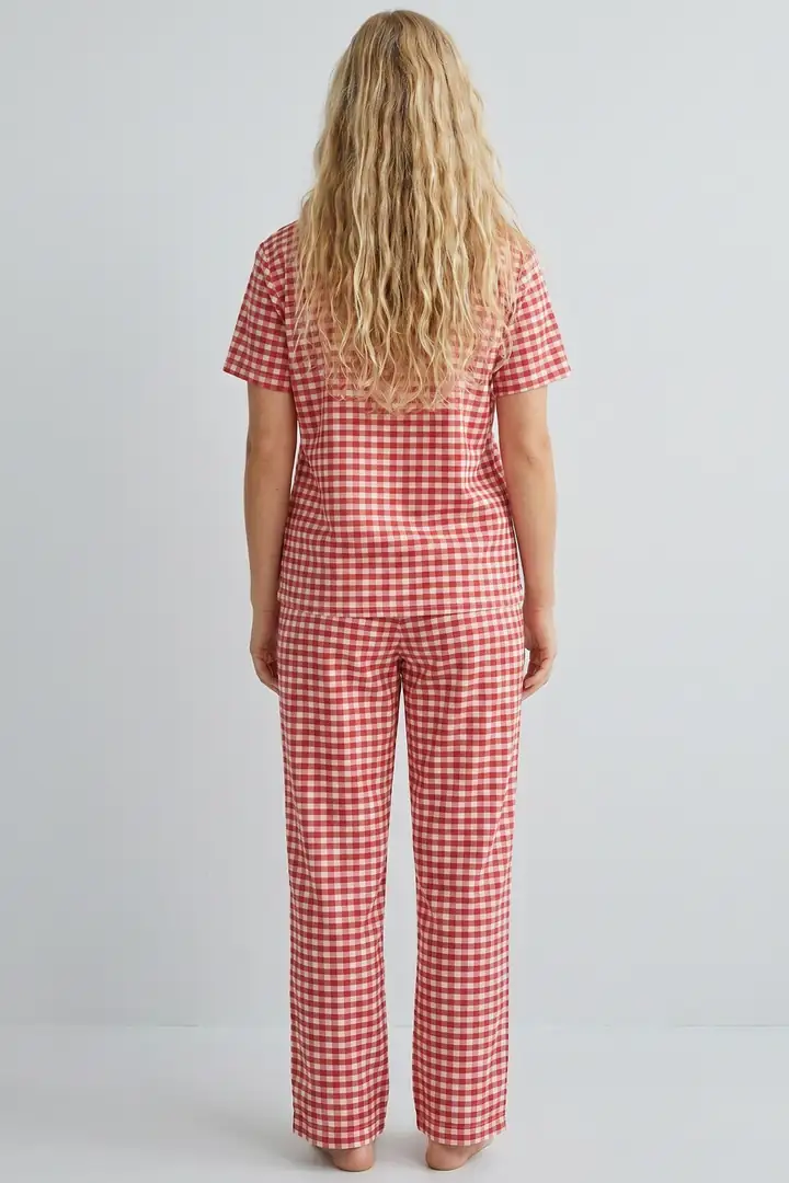 Ekose Desen Nakışlı Düğmeli Biyeli İnce Soft Örme Pijama Takımı 8001