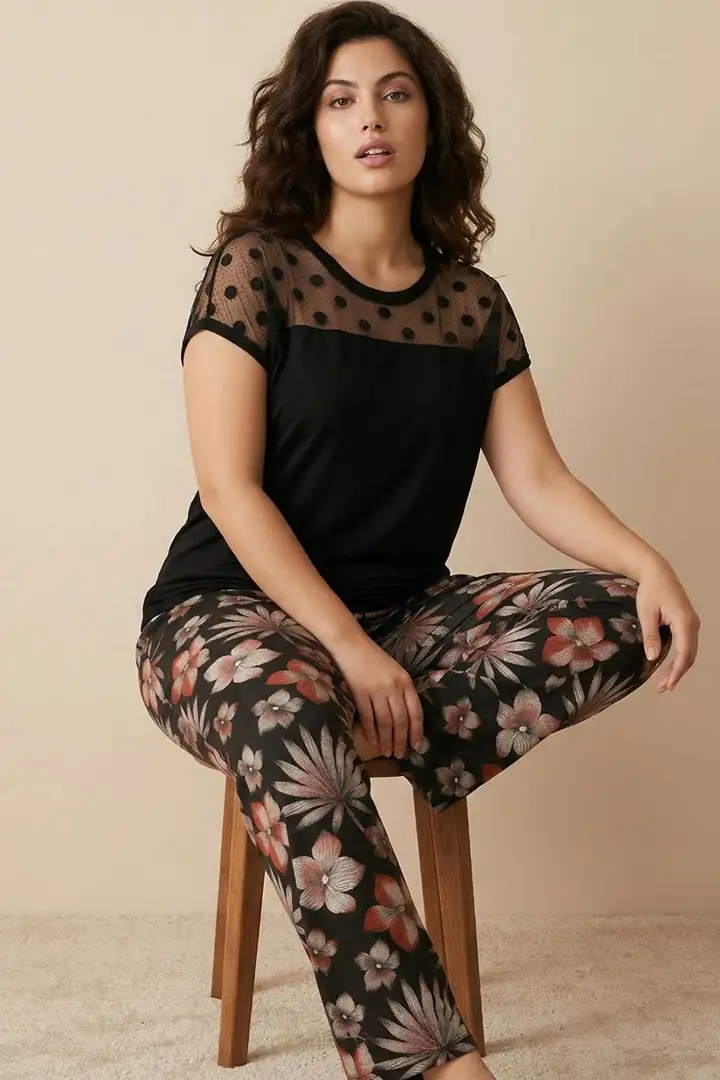 Leopar Desenli Tül Detaylı Büyük Beden Battal Boy Viskon Örme Pijama Takım