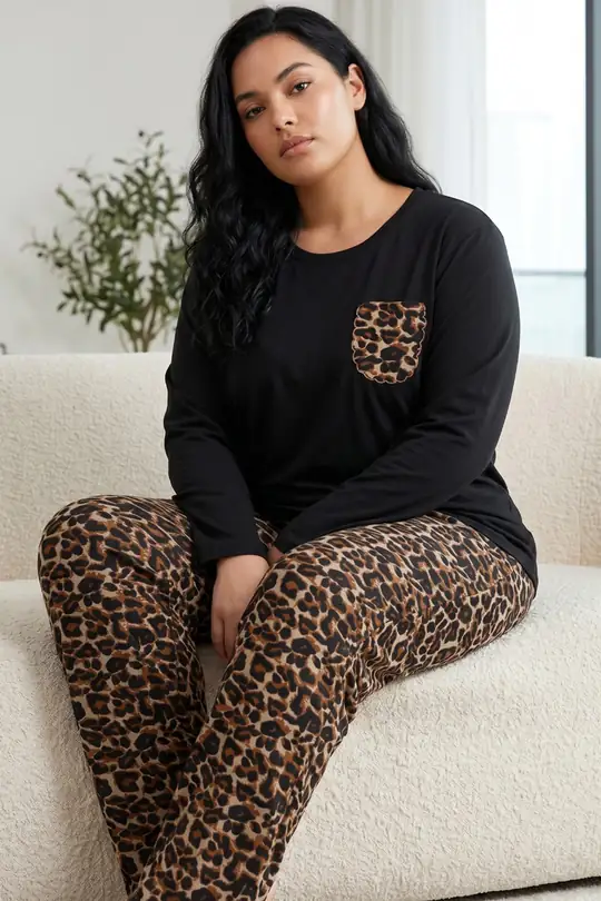 Nakışlı Pamuklu Likralı Büyük Beden Battal Boy Örme Pijama Takım 26240915 - Siyah