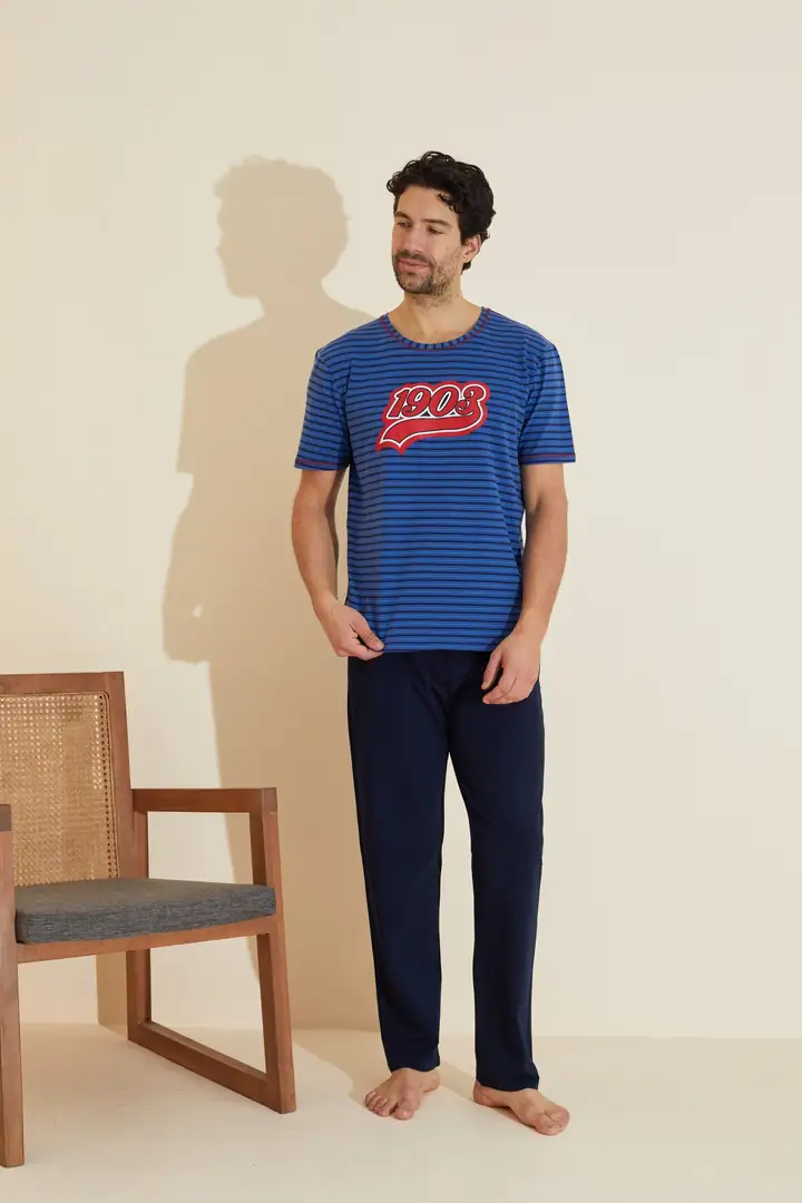 Saks Lacivert Çizgi Desenli Bisiklet Yaka Baskılı Örme Pijama Takım 25109829