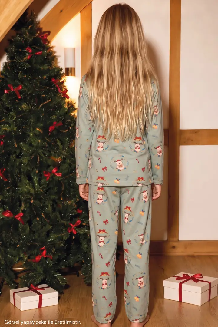 Yeşil Yılbaşı Temalı Desenli Termal Kumaşlı Ultra Soft Yumuşak Düğmeli Örme Pijama Takımı 26226824