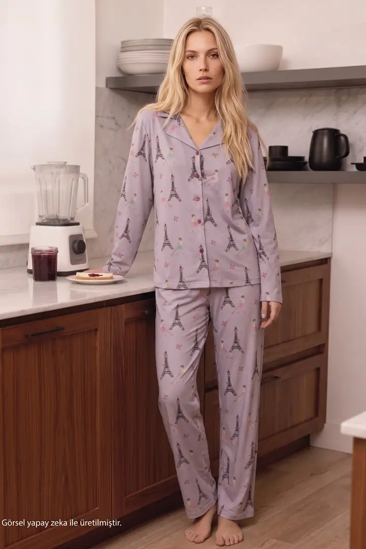 Lila Desenli Termal Kumaşlı Ultra Soft Yumuşak Düğmeli Örme Pijama Takımı 26226126