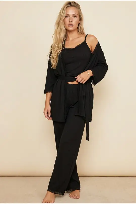 3'lü Soft Touch Ince Örme Sabahlık Takım 7627 - Siyah
