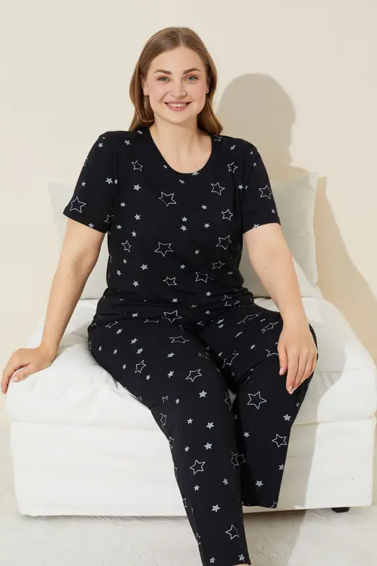 Büyük Beden Battal Örme Pijama Takım 7614 - siyah yıldız desen