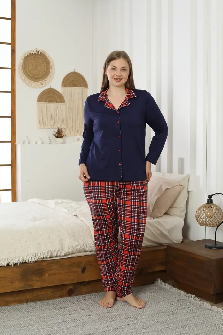 Beden Battal Boy Gömlek Yaka Düğmeli Milan Örme Pijama Takım25224308