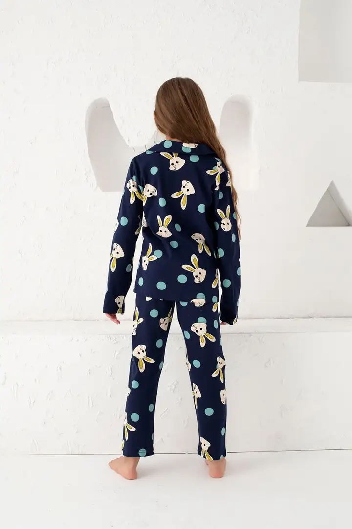Lacivert Pamuklu Düğmeli Pijama Takım 7588