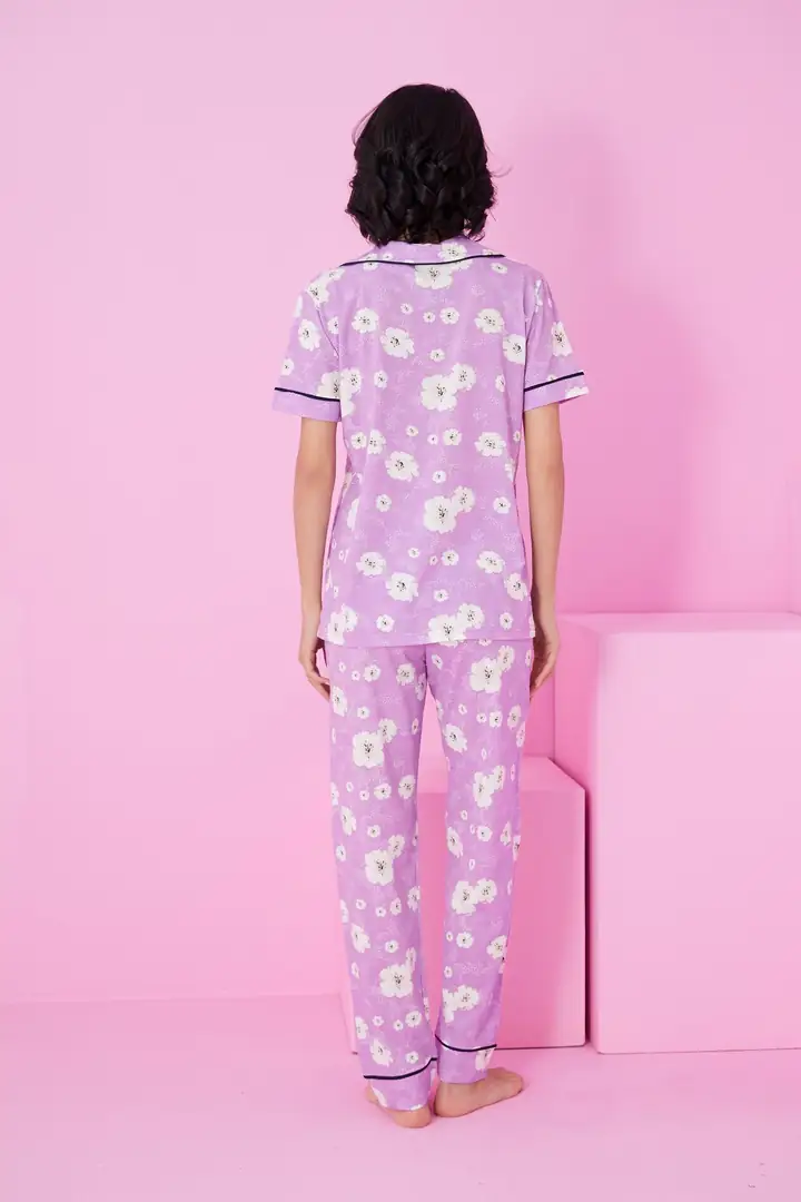 Desenli Kısa Kollu Düğmeli Biyeli Pijama Takım 7854