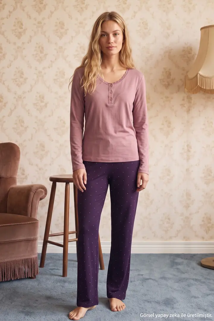 Pudra Desenli Düğmeli Dantelli Viskon Örme Pijama Takım 26224682