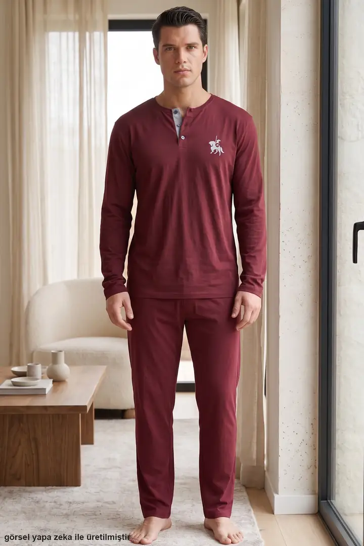 Nakışlı Cepli Düğmeli Pamuklu Likralı Örme Pijama Takım 26241804-2 - Bordo