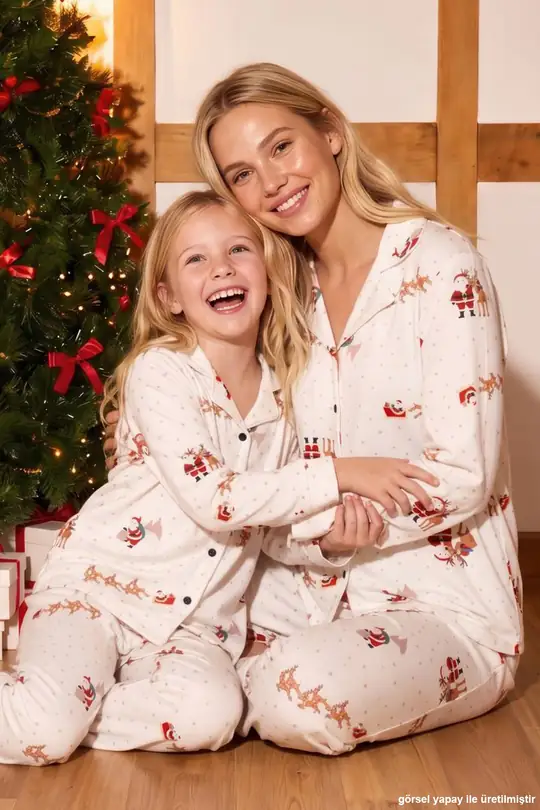 Ekru Yılbaşı Temalı Desenli Termal Kumaşlı Ultra Soft Yumuşak Düğmeli Örme Pijama Takımı 26226825 - Ekru