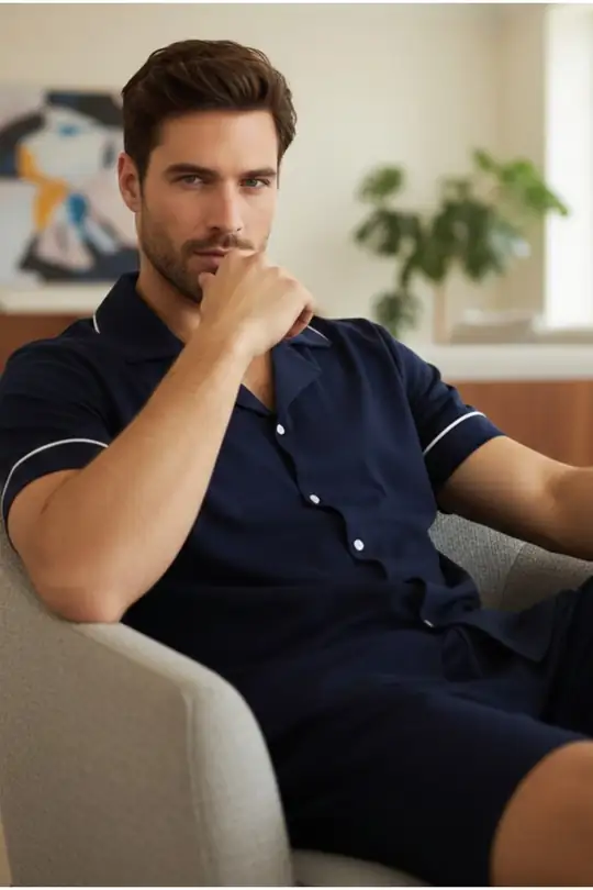 Erkek Kısa Kollu Pamuklu Gömlek Yaka Düğmeli Biyeli Şort Takım 7821 - Lacivert