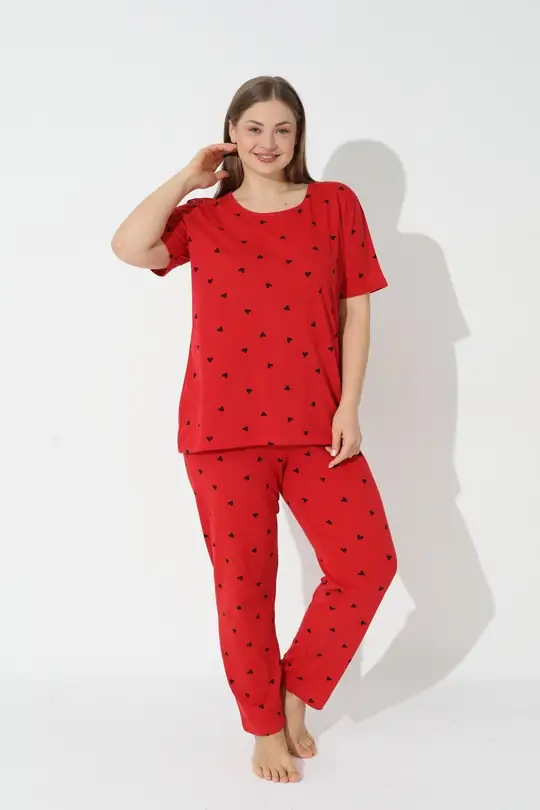 Büyük Beden Battal Örme Pijama Takım 7614 - Kırmızı