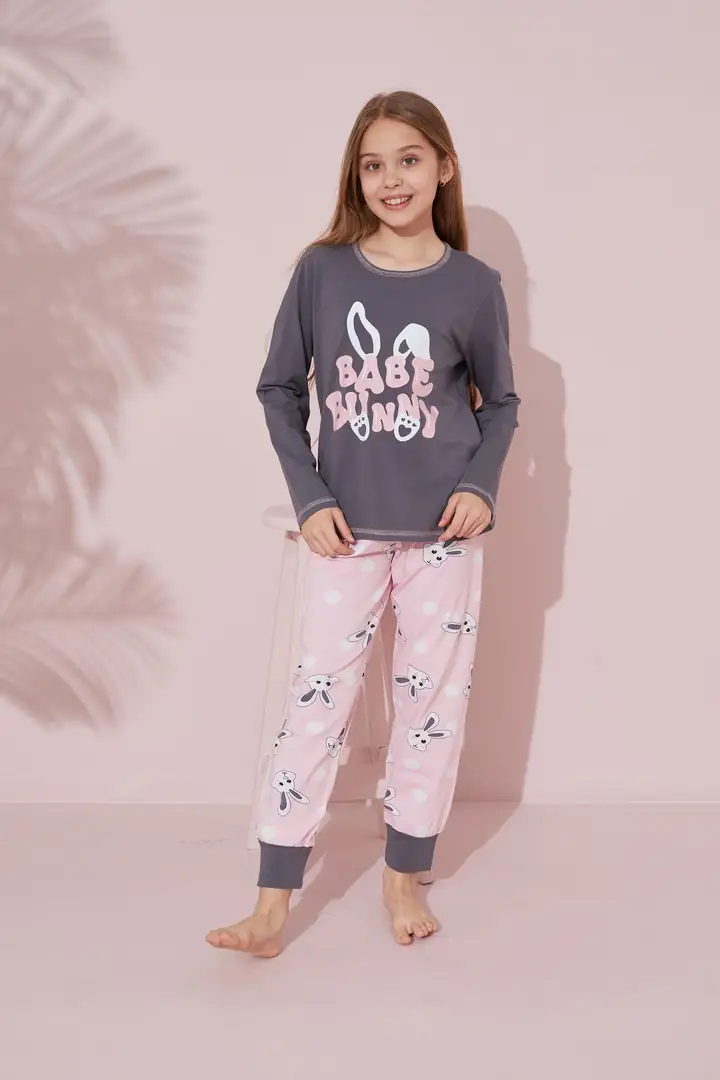 Gri Baskılı Pamuklu Örme Pijama Takım 24241089