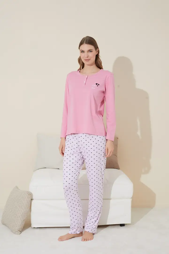 Düğmeli Pamuklu Örme Pijama Takım 24240101