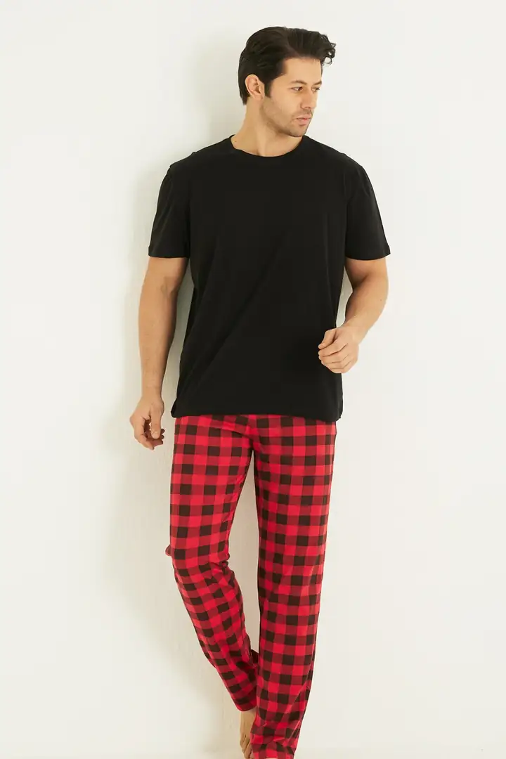 Pamuklu Bisiklet Yaka Kısa Kollu Örme Pijama Takım