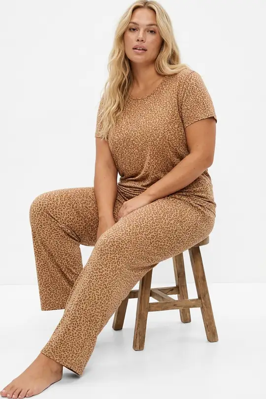 Büyük Beden Battal Örme Pijama Takım 7614 - vizon leopar