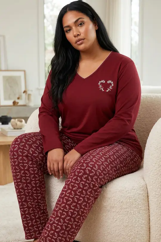 Nakışlı Pamuklu Likralı Büyük Beden Battal Boy Örme Pijama Takım 26240905 - Bordo
