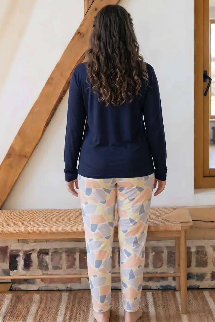 Lacivert Desenli Nakışlı Büyük Beden Battal Boy Viskon Örme Pijama Takım 26224824
