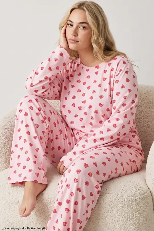 Baskılı Büyük Beden Battal Boy Örme Pijama Takım 8089 - kırmızı kalp