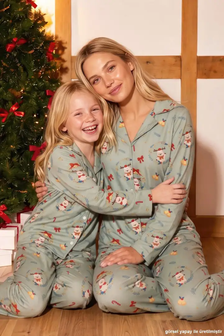 Yeşil Yılbaşı Temalı Desenli Termal Kumaşlı Ultra Soft Yumuşak Düğmeli Örme Pijama Takımı 26226824