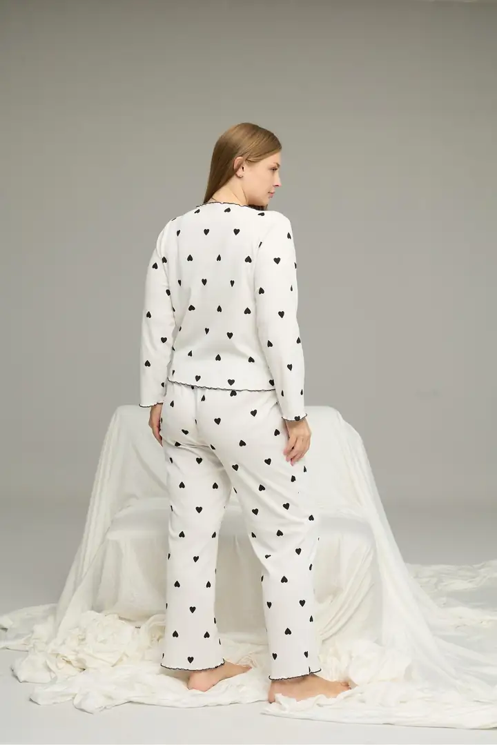 Büyük Beden Battal Pamuklu Fiyonklu Fitilli Örme Pijama Takım 25228001-4 Beyaz Desenli