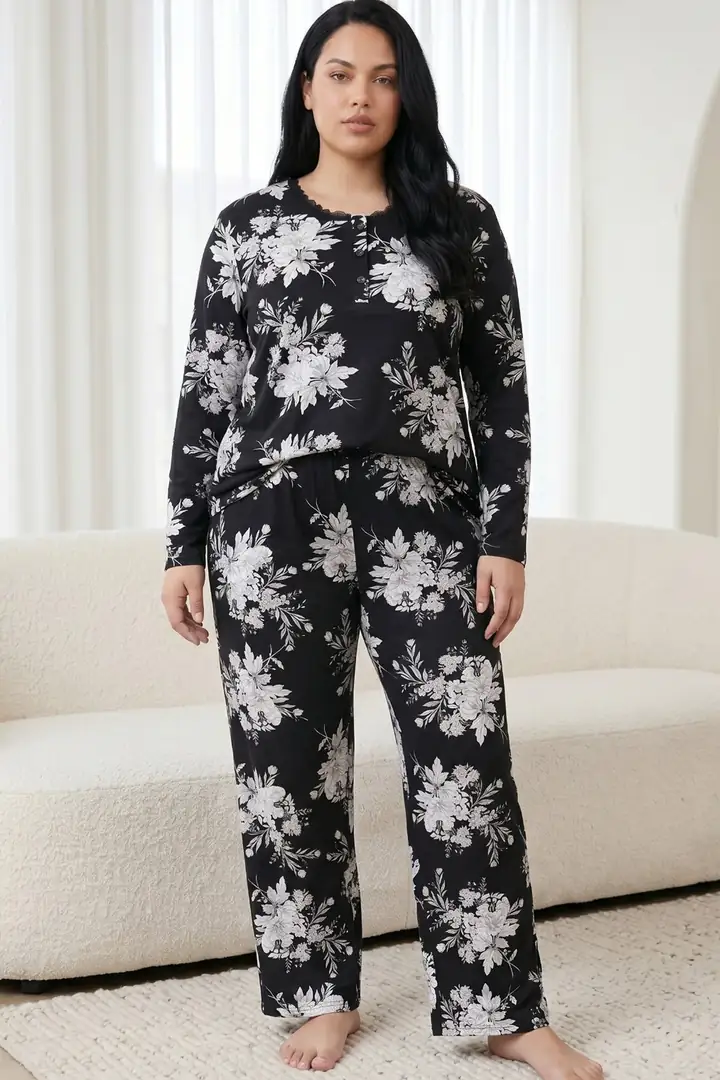 Düğmeli Pamuklu Likralı Büyük Beden Battal Boy Örme Pijama Takım 26240930