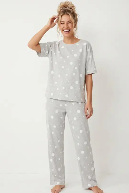 Pamuklu Örme Pijama Takımı 8025 - gri beyaz puan