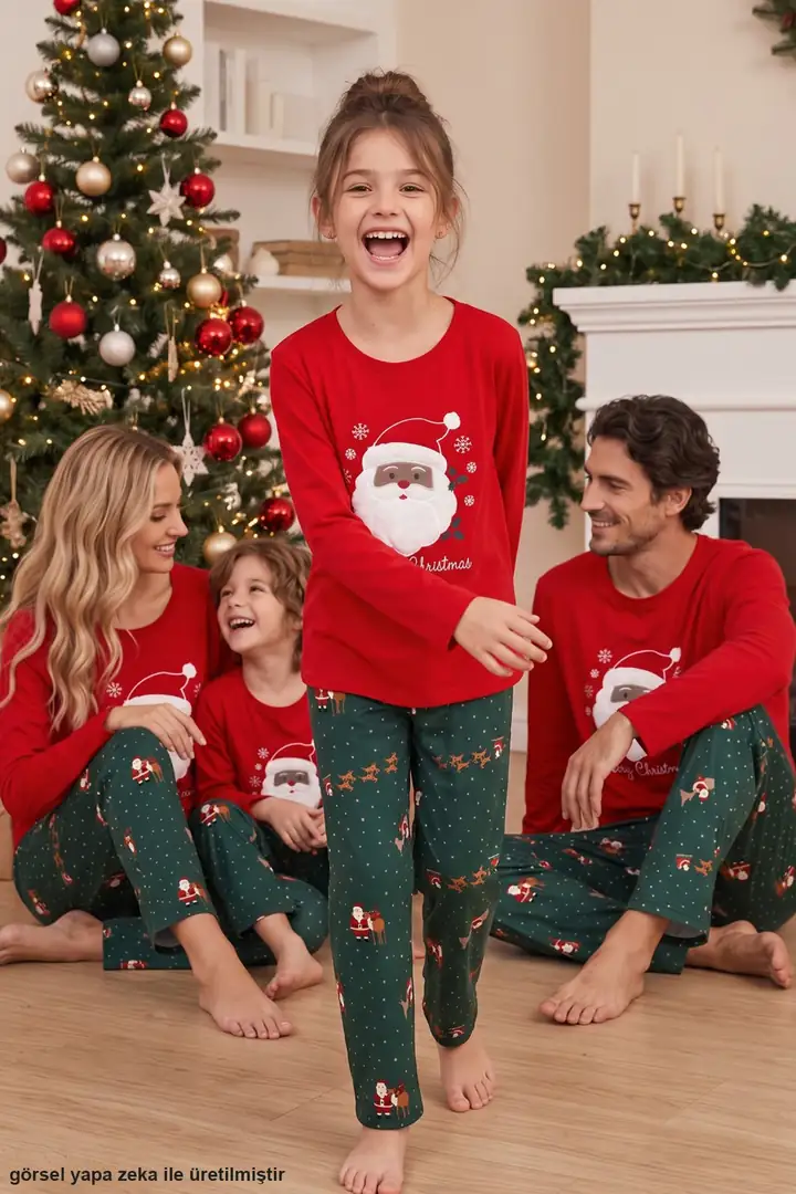 Yılbaşı Temalı Termal Kumaşlı Ultra Soft Yumuşak Örme Annek-Kız Pijama Takımı 26226928-1 - Kırmızı
