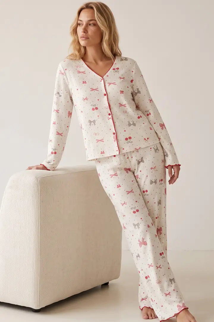 Yumuşak Tuşe Kışlık Fitilli Pamuklu Örme Düğmeli Hırka Pijama Takım 8073