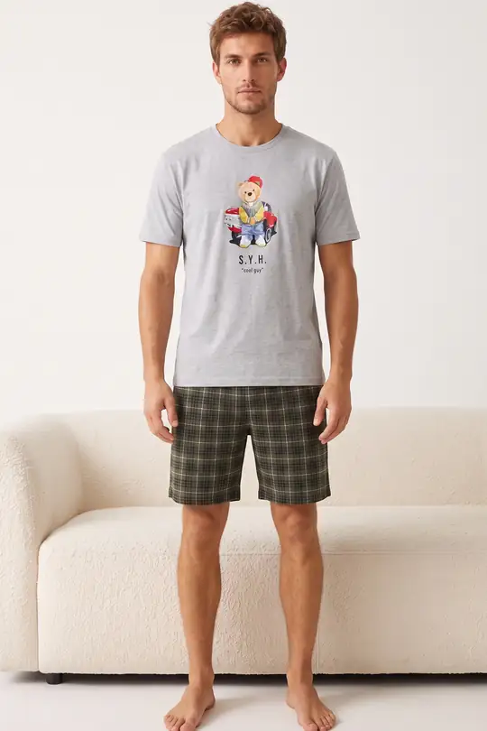 Desenli Baskılı Örme Kısa Kollu Şortlu Pijama Takım 8005 - Grı Ayı