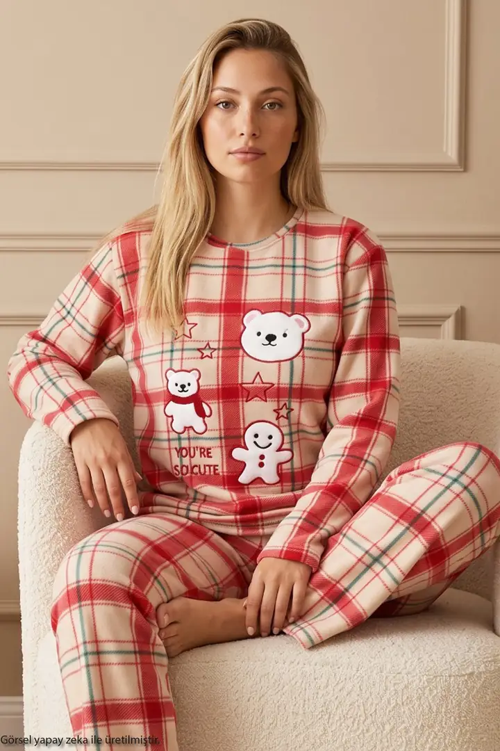 Kırmızı Ekose Desenli Nakışlı Alt-Üst Polar Kışlık Örme Pijama Takım 26222133