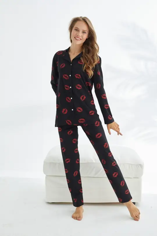 Pamuklu Düğmeli Pijama Takımı - siyah kırmızı dudak