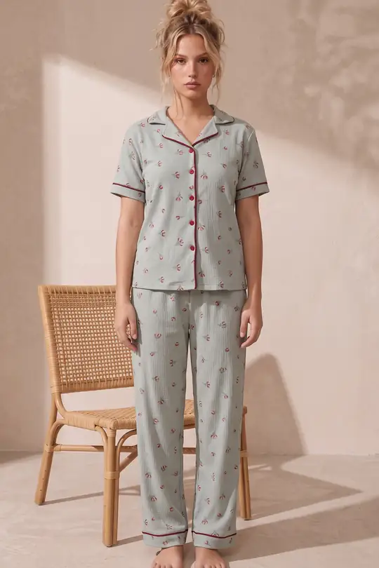 Bürümcük-Krınkıl Kısa Kollu Düğmeli Biyeli Pijama Takım 26120525