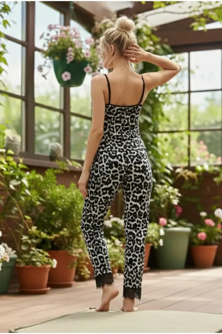 Leopar Desenli İp Askılı Dantelli Örme Pijama Takım 26120726