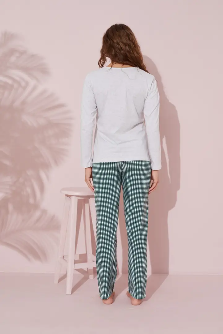 Bej Melanj Baskılı Pamuklu Örme Pijama Takım 24240149