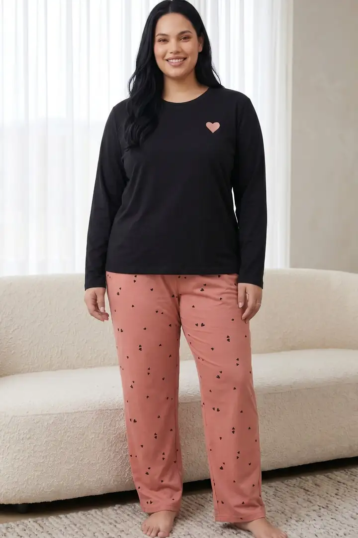 Nakışlı Pamuklu Likralı Büyük Beden Battal Boy Örme Pijama Takım 26240951