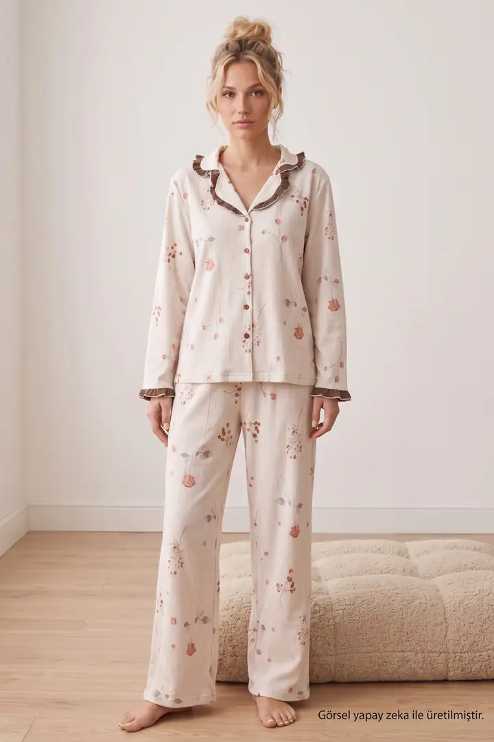 Desenli Bürümcük-Krınkıl Düğmeli Fırfırlı Pijama Takım 26223941-8 - krem çiçek